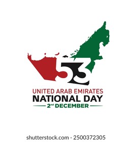 53 National Day of United Arab Emirates. Text Arabic Translation: Our National Day. December 2. UAE map symbol. Vector Logo. Eps 08.