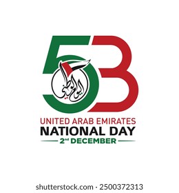 53 National Day of United Arab Emirates. Text Arabic Translation: Our National Day. December 2. UAE map symbol. Vector Logo. Eps 08.