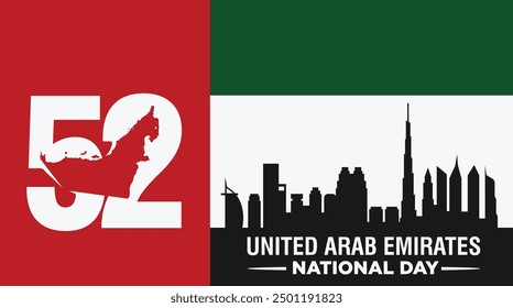 53 National Day of United Arab Emirates. Text Arabic Translation: Our National Day. December 2. UAE map symbol. Vector Logo. Eps 08.