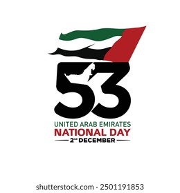 53 National Day of United Arab Emirates. Text Arabic Translation: Our National Day. December 2. UAE map symbol. Vector Logo. Eps 08.