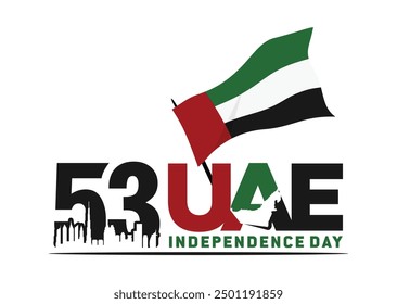 53 National Day of United Arab Emirates. Text Arabic Translation: Our National Day. December 2. UAE map symbol. Vector Logo. Eps 08.