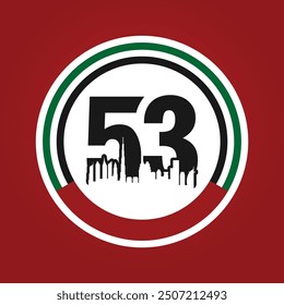 53 National Day of United Arab Emirates. Text Arabic Translation: Our National Day. December 2. UAE map symbol. Vector Logo. Eps 08.