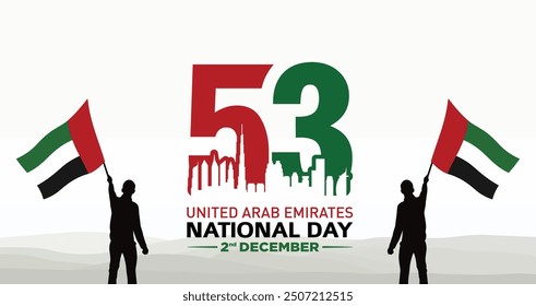 53 National Day of United Arab Emirates. Text Arabic Translation: Our National Day. December 2. UAE map symbol. Vector Logo. Eps 08.