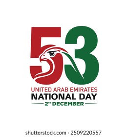 53 National Day of United Arab Emirates. Text Arabic Translation: Our National Day. December 2. UAE map symbol. Vector Logo. Eps 08.