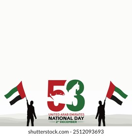 53 National Day of United Arab Emirates. Text Arabic Translation: Our National Day. December 2. UAE map symbol. Vector Logo. Eps 08.