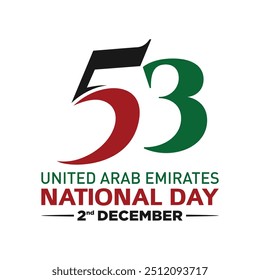 53 National Day of United Arab Emirates. Text Arabic Translation: Our National Day. December 2. UAE map symbol. Vector Logo. Eps 08.