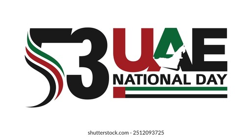 53 National Day of United Arab Emirates. Text Arabic Translation: Our National Day. December 2. UAE map symbol. Vector Logo. Eps 08.