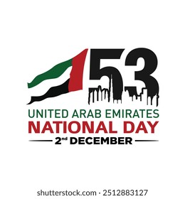 53 National Day of United Arab Emirates. Text Arabic Translation: Our National Day. December 2. UAE map symbol. Vector Logo. Eps 08.