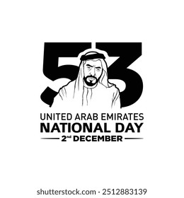 53 National Day of United Arab Emirates. Text Arabic Translation: Our National Day. December 2. UAE map symbol. Vector Logo. Eps 08.
