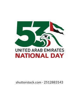 53 National Day of United Arab Emirates. Text Arabic Translation: Our National Day. December 2. UAE map symbol. Vector Logo. Eps 08.