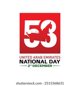 53 National Day of United Arab Emirates. Text Arabic Translation: Our National Day. December 2. UAE map symbol. Vector Logo.