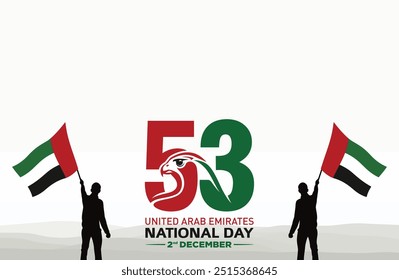 53 National Day of United Arab Emirates. Text Arabic Translation: Our National Day. December 2. UAE map symbol. Vector Logo.