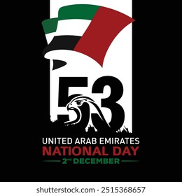 53 National Day of United Arab Emirates. Text Arabic Translation: Our National Day. December 2. UAE map symbol. Vector Logo.