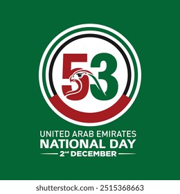 53 National Day of United Arab Emirates. Text Arabic Translation: Our National Day. December 2. UAE map symbol. Vector Logo.