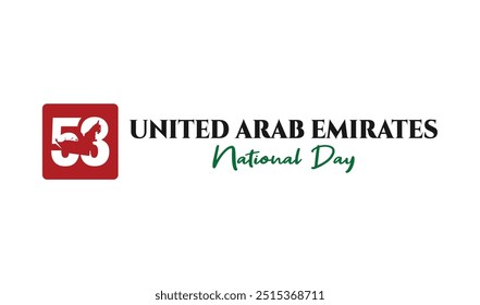 53 National Day of United Arab Emirates. Text Arabic Translation: Our National Day. December 2. UAE map symbol. Vector Logo.