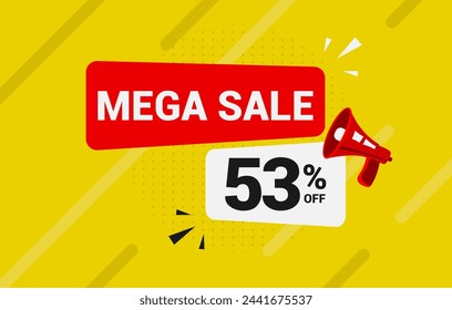 53% off discount. Fifty three percent off Mega sale banner promotion template. Yellow background. Special deal label design. Vector illustration.