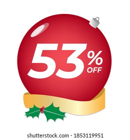 53% off. Fifty-three percent discount. Christmas sale banner. Red bubble with ornaments on a white background vector.