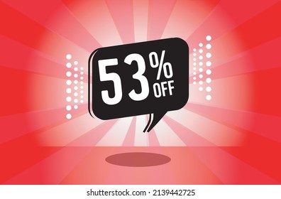 53% de descuento. banner rojo con cincuenta y tres por ciento de descuento en un globo negro para grandes ventas.