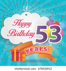53 rd birthday celebration greeting card origami paper art design, birthday party poster background with clouds, balloon, ribbon and gift box full color. fifty three anniversary celebrations