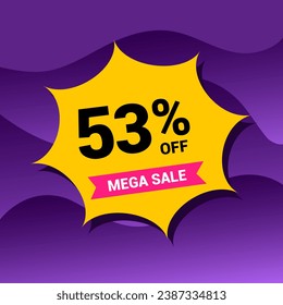 53% sale badge vector illustration on a purple gradient background. Fifty three percent price tag. Yellow and purple.