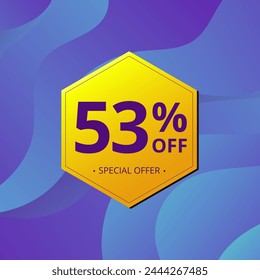 53% Sale and Discount Label. Fifty three percent Sale Discount label Geometric design. Abstract Blue and Yellow Hexagon. Vector illustration.