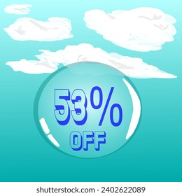 53% burbuja de jabón transparente en cielo azul para descuento y promoción, colores azul y blanco