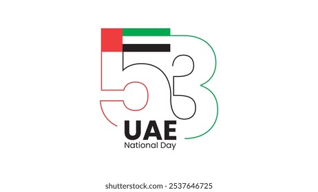 53 UAE Nationalfeiertag, Banner mit isoliertem weißem Hintergrund, Flaggenfarbe Rot, Grün, Schwarz, Vektorgrafik, Stocktypografie