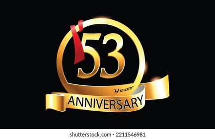 53 Year Anniversary celebration Vector Design with ring and red ribbon. 53rd Anniversary celebration. Gold Luxury Banner of 53rd Anniversary celebration. fifty-thi celebration card. anniversary
