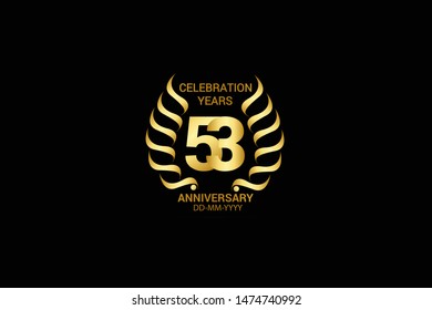 53 year minimalist logo years, jubilee, greeting card. Birthday invitation. Sign wings Line Gold space vector illustration on black background - Vector