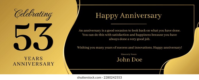 53 años de aniversario, una plantilla de aniversario del discurso de la pancarta con una combinación de fondo dorado de negro y texto que se puede reemplazar
