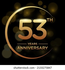 53 years anniversary celebration. Anniversary logo with ring and elegance golden color isolated on black background, vector design for celebration, invitation card, greeting card, and banner