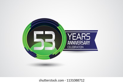 53 years anniversary celebration logotype design abstract green and blue circle with ribbon isolated on white background for celebration event, birthday and party