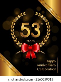 53 years anniversary celebration logotype with golden laurel and wreath, for booklet, leaflet, magazine, brochure poster, banner, web, invitation or greeting card. Vector illustrations.