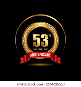 53 years anniversary celebration logotype with golden laurel and wreath, for booklet, leaflet, magazine, brochure poster, banner, web, invitation or greeting card. Vector illustrations.