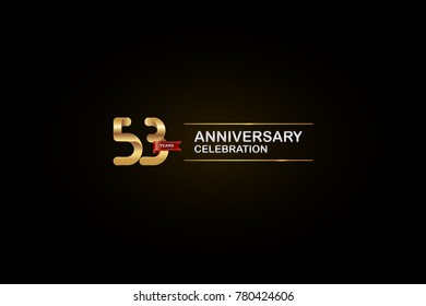 53 Years Anniversary Celebration Logotype with Golden, Silver and Red Ribbon Isolated on Black Background. Vector Design for Invitation Card, Greeting Card, Banner. 