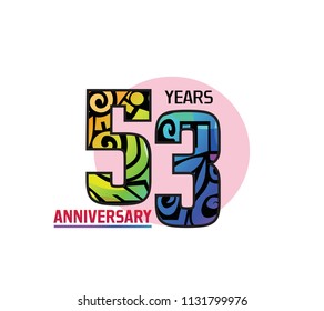 53 years anniversary with colorful tribal and pink circle. Vector illustration isolated on white background