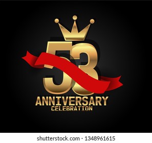 53 years Anniversary golden font with black background and red ribbon, and golden crown. Font with shadow and ribbon on top golden font. crown on the text. simple, luxury, and elegant design