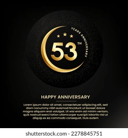 53 años de aniversario con media luna, estrellas, brillo y texto editable del discurso. Plantilla de banner para el aniversario de la media luna de oro con un número dorado