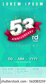 53 years anniversary invitation card or emblem - celebration template design , 53rd anniversary modern design elements with background polygon and pink ribbon - vector illustration