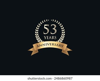 53 Years Anniversary Logo. Celebrating Success. Symbol of Eternal Achievement. Proud Heritage. Logo with Laurel Wreath and Ribbon. Years of Glorious Memories. Jubilee of Joy. Golden Celebratory Crest.