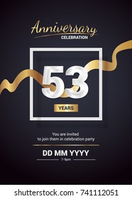 53 Years Anniversary Logo Celebration and Invitation Card with gold ribbon Isolated on Dark  Background