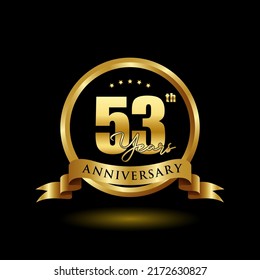 53 years anniversary logo with golden ring and ribbon for booklet, leaflet, magazine, brochure poster, banner, web, invitation or greeting card. Vector illustrations.