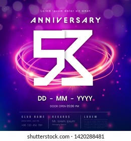 53 years anniversary logo template on purple Abstract futuristic space background. 53rd modern technology design celebrating numbers with Hi-tech network digital technology concept design elements.