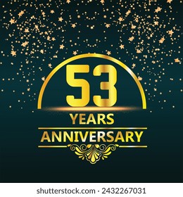 53 years anniversary logo template on gold background. 53rd celebrating golden numbers with red ribbon vector and confetti isolated design elements