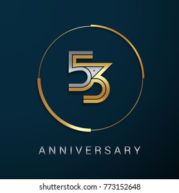 53 Years Anniversary Logotype with  Gold and Silver Multi Linear Number in a Golden Circle , Isolated on Dark Background
