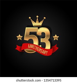 53 years Anniversary simple design with golden font, star and crown and red ribbon. Red ribbon and golden text on top golden number. My all design can see in my portofolio