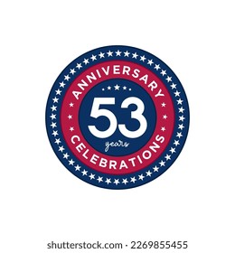 53 años. Diseño de plantillas de aniversario, colores rojo y azul con estrellas, diseño para eventos, tarjeta de invitación, tarjeta de saludo, banner, afiche, volante, portada de libros e impresión. Vector Eps10