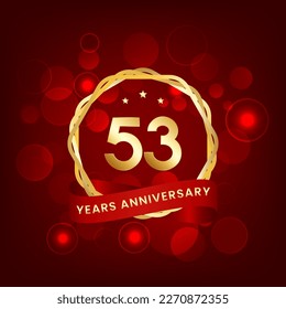 53 years anniversary. Anniversary template design with gold number and red ribbon, design for event, invitation card, greeting card, banner, poster, flyer, book cover and print. Vector Eps10