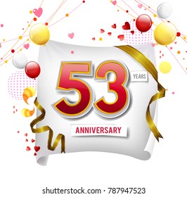 53 years anniversary vector illustration, banner, flyer, logo, icon, symbol. Graphic design element with flag, balloon, ribbon, confetty. Birthday greeting, event celebration
