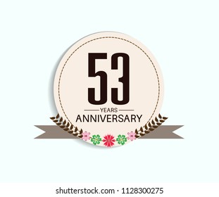 53 years anniversary with vintage style soft brown circle and flower isolated on white background for special celebration event